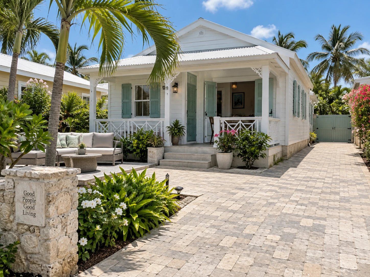 Block-paved driveway and patio in front of a white Barbadian chattel-style house with a coral stone gate pier