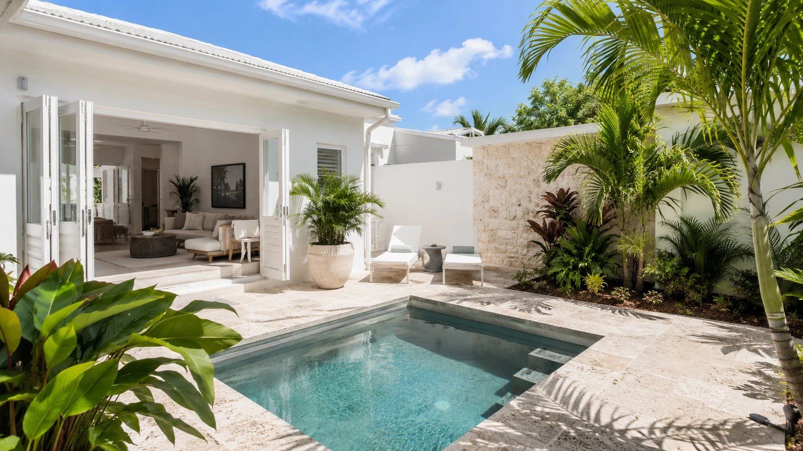 Single-storey extension opening onto a courtyard with a plunge pool and coral stone wall