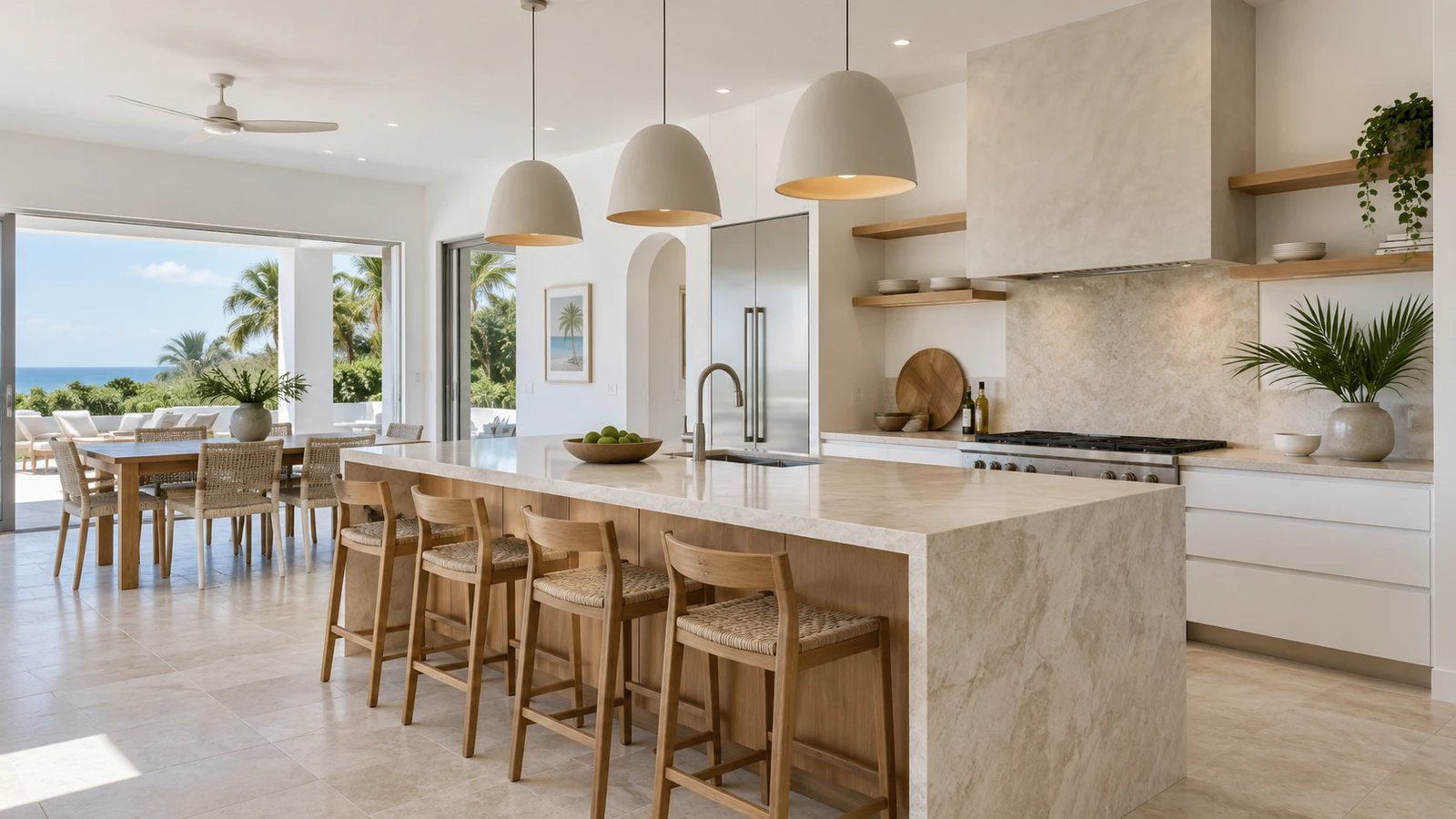 Kitchen with a stone island, timber stools and doors open to a sea view