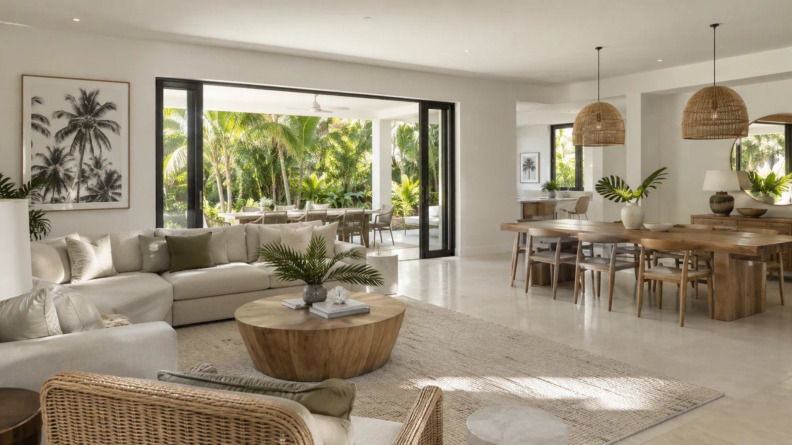 Open-plan living and dining room with sliding doors open to a tropical garden