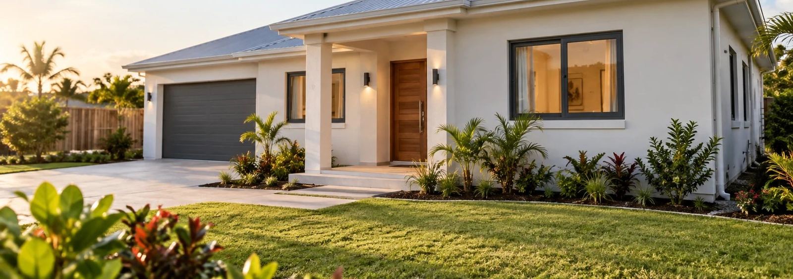 Newly built single-storey home with a hip roof, covered entrance and garage, in Barbados