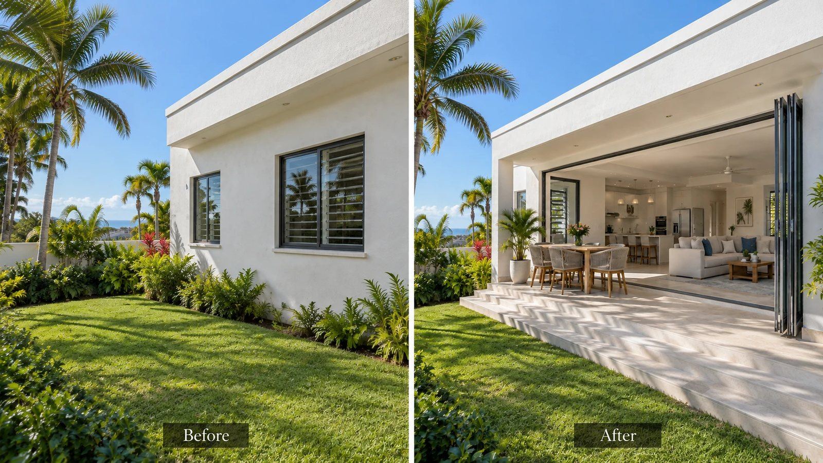 Before and after: a plain rear wall with two windows opened up into a covered terrace with folding doors