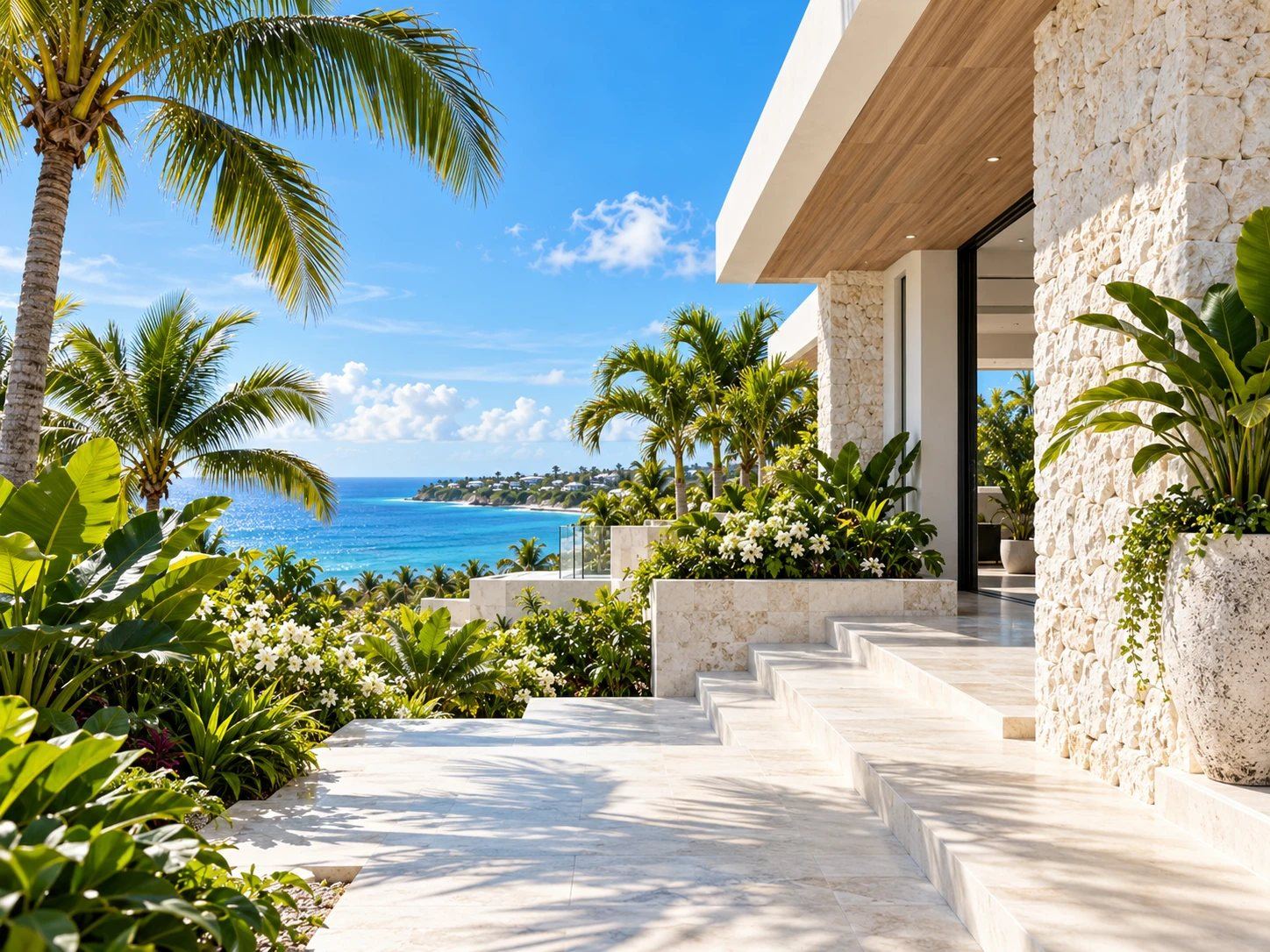 Coral stone wall and terrace of a modern house